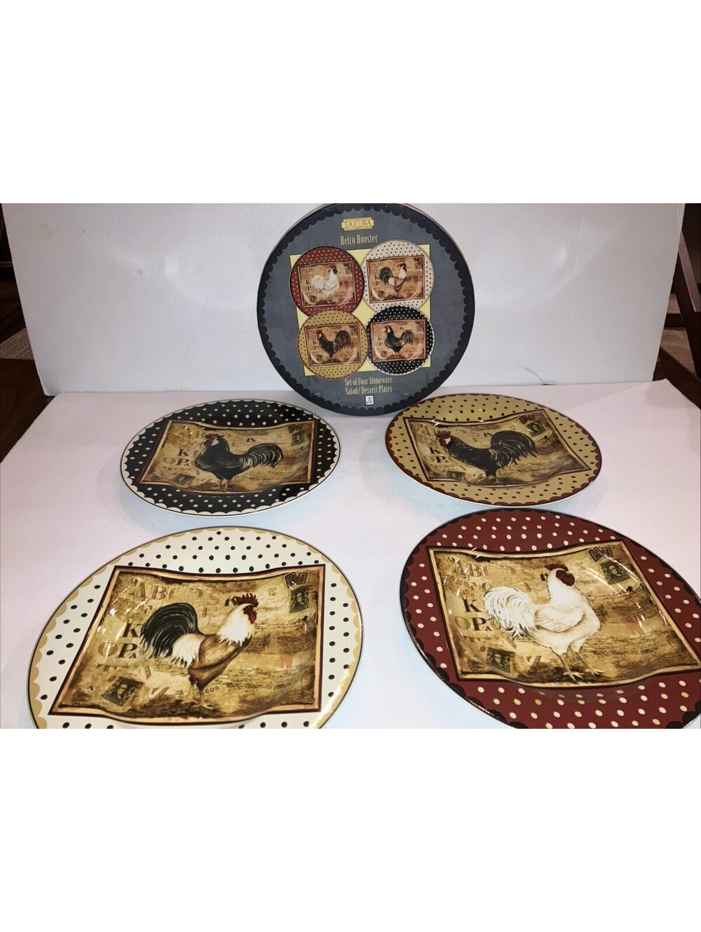 Sakura Retro Rooster 4 Salad Plates 8.25” Kimberly Poloson Artist Farmhouse NEW